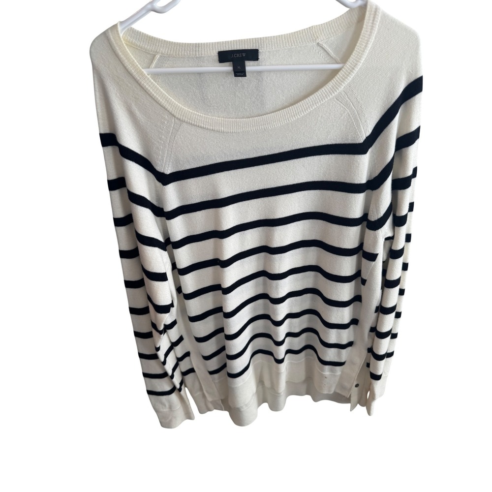 J.Crew Womens XL Ivory Navy Blue Striped Scoop Neck Snap Side Sweater LongSleeve